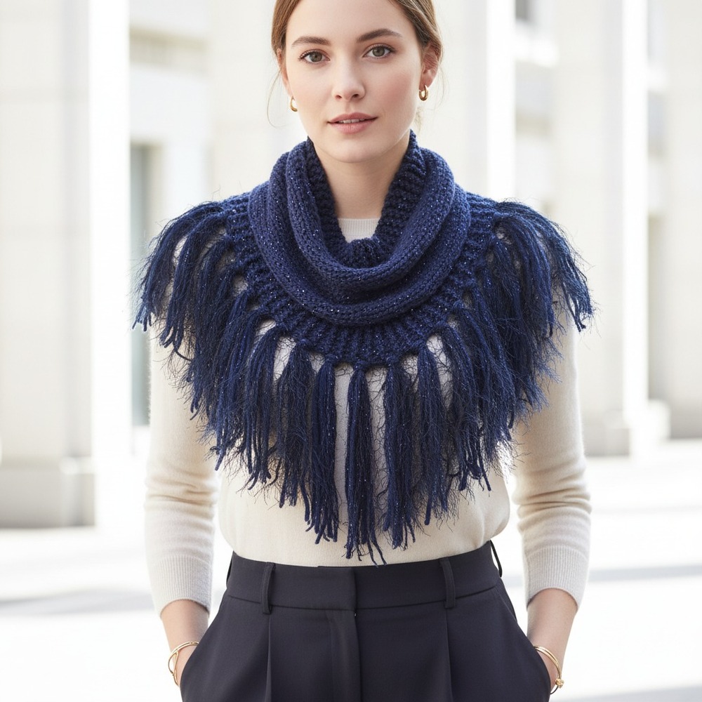 NEW Cowl Scarf Fringe Hand Knitted Blue Metallic Boho Glam Festive Artsy Fairy‎
